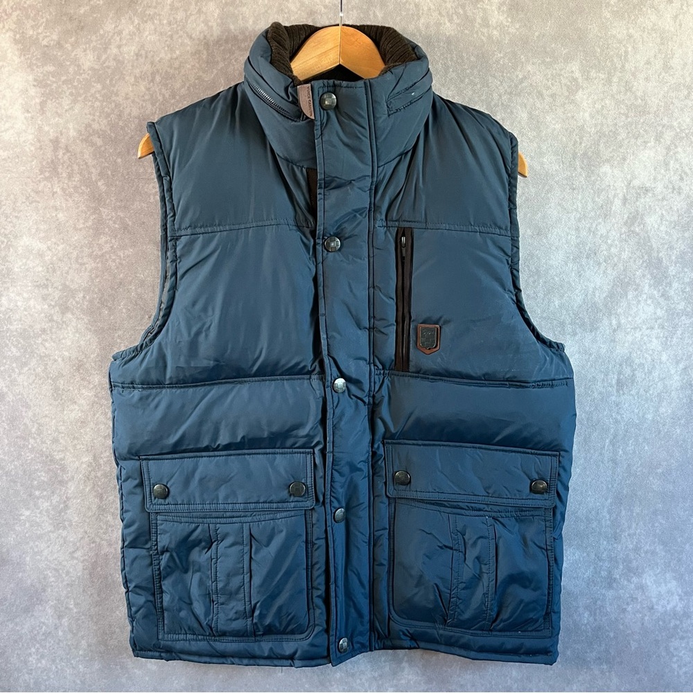 VINCE CAMUTO‎ Mens Navy Blue Puffer Vest Sz Medium Hood In Collar Insulated Warm